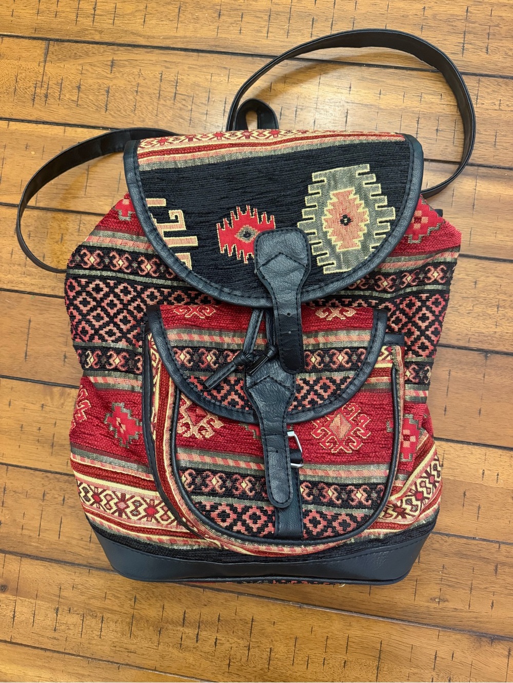 Red Kilim-Pattern Canvas Backpack with Black Trim